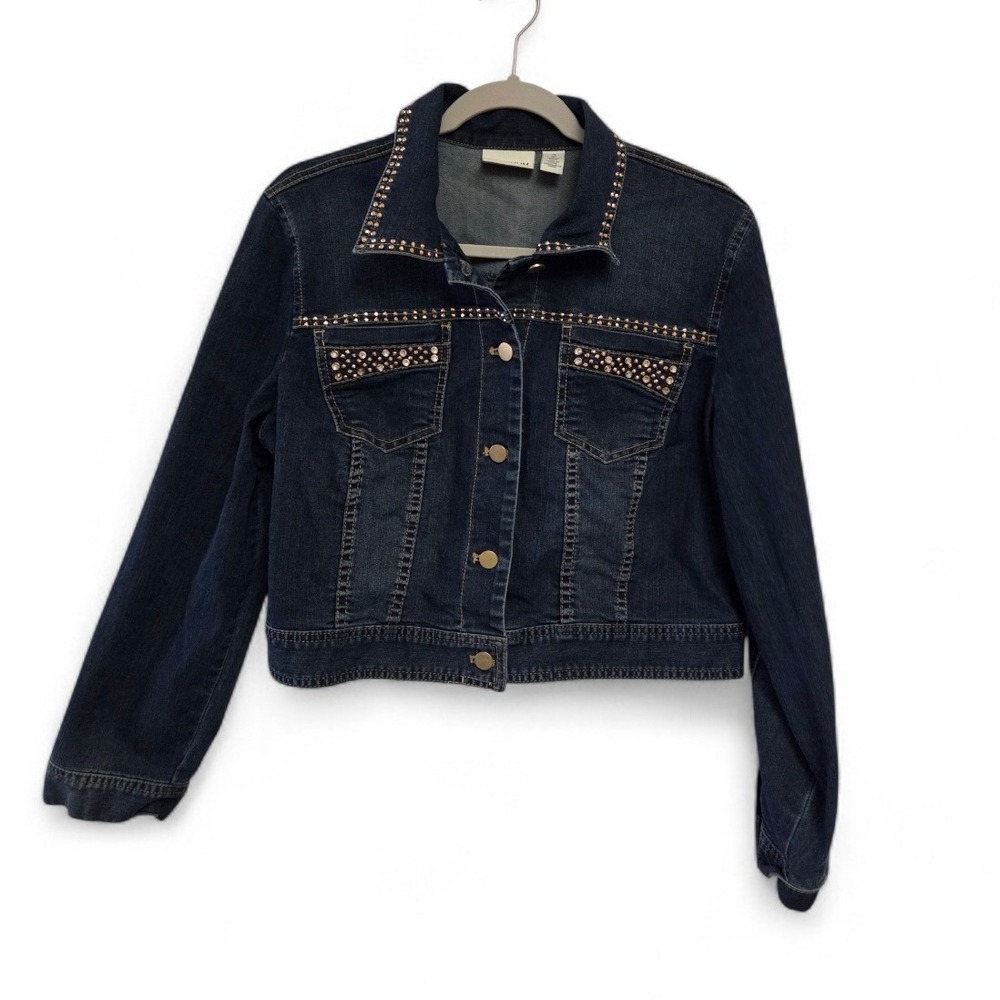 Chicos Platinum Denim Jacket Womens 2 Dark‎ Wash Studded Rhinestone Cropped Blue